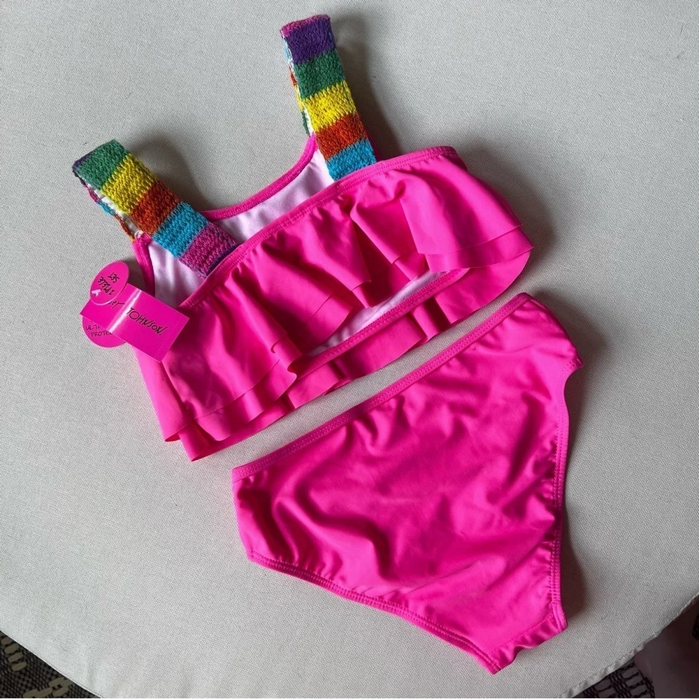 NWT Betsey Johnson Girls Swimsuit 2 Piece Size 10 Pink / Rainbow Ruffles